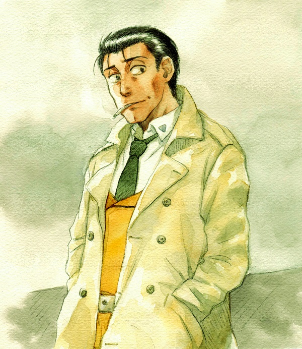 1boy black_hair cigarette clouds gotou_kiichi hands_in_pockets kidou_keisatsu_patlabor male_focus necktie police police_uniform short_hair sky smoking solo traditional_media trench_coat uniform uniform_vest upper_body ususionorisio watercolor_(medium)