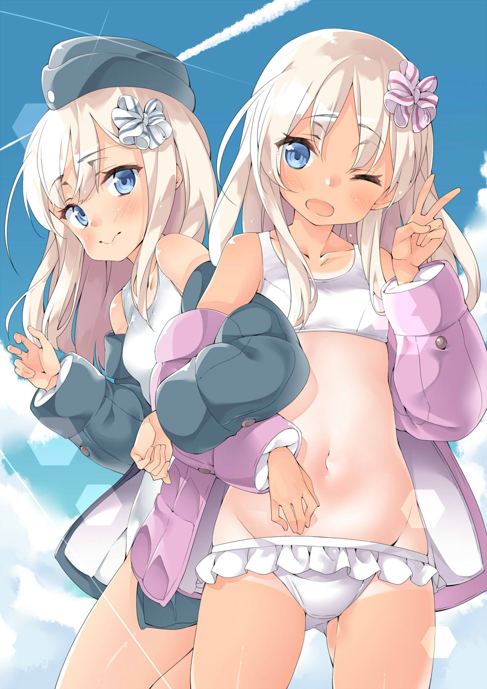 2girls 3: ;d bikini bikini_skirt blue_eyes blue_sky blush breasts closed_mouth collarbone commentary_request condensation_trail cowboy_shot day dual_persona ebifurya eyebrows_visible_through_hair garrison_cap gluteal_fold hair_ornament hat highres jacket kantai_collection locked_arms long_sleeves looking_at_viewer multiple_girls nontraditional_school_swimsuit off_shoulder one-piece_tan one_eye_closed open_clothes open_jacket open_mouth ro-500_(kantai_collection) school_swimsuit sky small_breasts smile swimsuit tan tankini tanline u-511_(kantai_collection) v w white_bikini white_hair white_school_swimsuit white_swimsuit