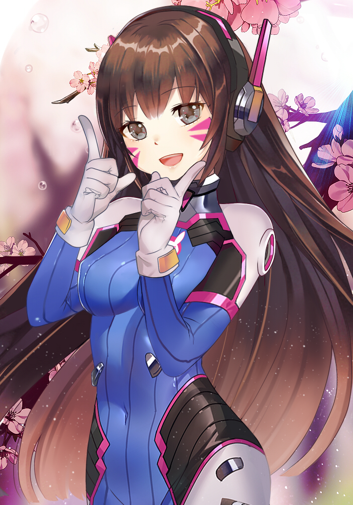 1girl alilu-chan alternate_hair_length alternate_hairstyle animal_print bangs blue_bodysuit bodysuit boots bracer breasts brown_eyes brown_hair bunny_print cherry_blossoms covered_navel cowboy_shot d.va_(overwatch) erect_nipples eyebrows_visible_through_hair facepaint facial_mark gloves hands_up headphones index_finger_raised legs_together lips long_hair looking_at_viewer medium_breasts open_mouth overwatch pauldrons pilot_suit pink_lips pointing pointing_up ribbed_bodysuit shoulder_pads skin_tight smile solo thigh-highs thigh_boots tree turtleneck very_long_hair water_drop whisker_markings white_gloves