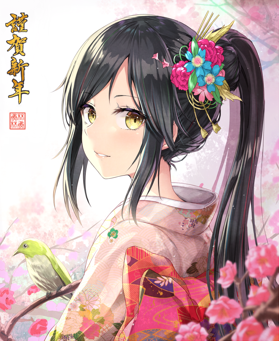 1girl bird black_hair blurry brown_eyes cherry_blossoms commentary_request depth_of_field flower hair_flower hair_ornament happy_new_year japanese_clothes kanzashi kimono long_hair looking_back new_year obi original parted_lips ponytail rin_yuu sash sidelocks smile solo translated upper_body yellow_eyes