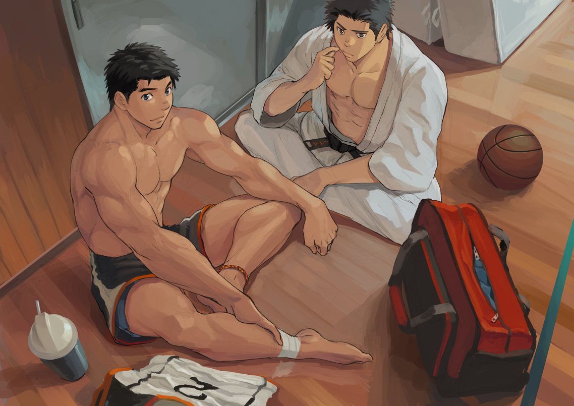 2boys abs anklet bag basketball black_hair brothers brown_eyes closed_mouth dainyuu_(dgls) dougi duffel_bag dutch_angle floor indian_style jersey jewelry male_focus multiple_boys muscle nipples original pectorals shirtless short_hair shorts siblings sitting smile uniform wooden_floor