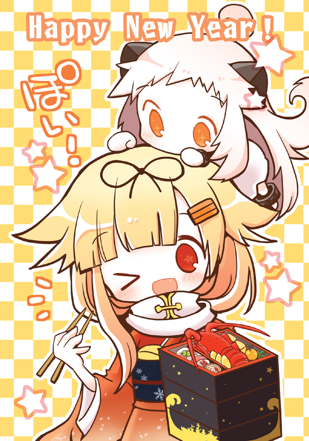 &gt;_o +_+ 2girls ;d ahoge blonde_hair bow chibi chopsticks dress hair_bow hair_flaps hair_ornament hair_ribbon hairclip happy_new_year holding horns japanese_clothes kantai_collection kimono lobster long_hair looking_at_viewer mittens multiple_girls new_year northern_ocean_hime obentou one_eye_closed open_mouth orange_eyes person_on_head ribbon scarf shinkaisei-kan smile translated white_dress white_hair white_skin wishbone yuudachi_(kantai_collection)