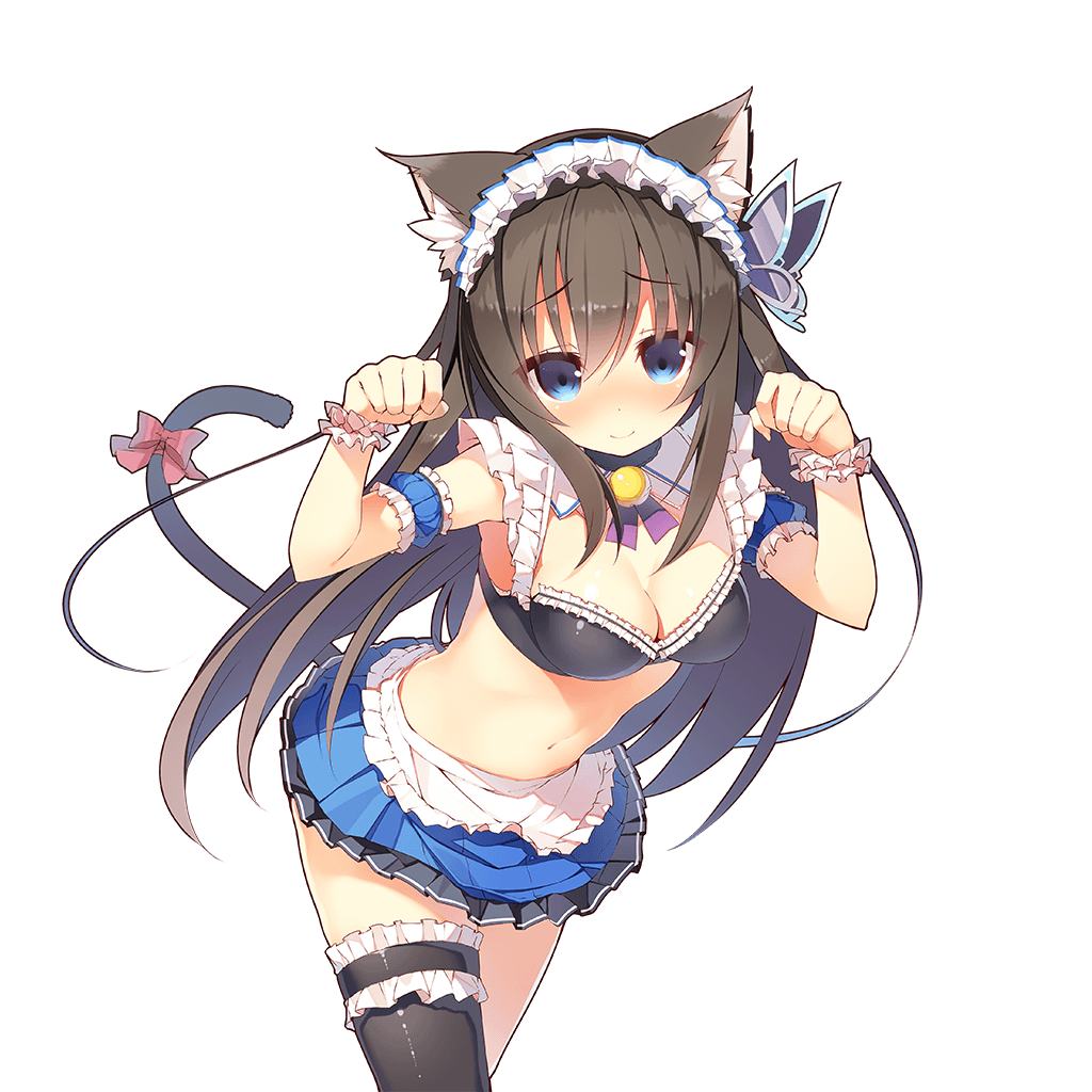 1girl animal_ears arm_garter blush bow breasts brown_hair cat_ears cat_tail cleavage cowboy_shot detached_collar emma_beauty frilled_legwear headdress leaning_forward long_hair looking_at_viewer navel nose_blush official_art paw_pose single_thighhigh skirt smile solo tail tail_bow thigh-highs transparent_background uchi_no_hime-sama_ga_ichiban_kawaii wristband