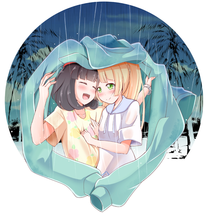 2girls ^_^ ^o^ bangs beanie black_hair blonde_hair blunt_bangs blush breast_grab closed_eyes eye_contact female_protagonist_(pokemon_sm) floral_print grabbing hand_on_another's_chest happy hat holding_jacket lillie_(pokemon) looking_at_another multiple_girls open_mouth pokemon pokemon_(game) pokemon_sm ponytail rain red_hat school_uniform shirt short_hair short_sleeves simple_background sky smile teliga tree under_clothes upper_body white_background yuri z-ring