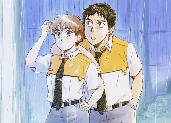 1boy 1girl adjusting_hair arm_on_shoulder black_hair blush brown_hair hand_in_pocket hand_on_hip hand_up izumi_noa kidou_keisatsu_patlabor necktie open_mouth police police_uniform rain shinohara_asuma short_hair uniform ususionorisio