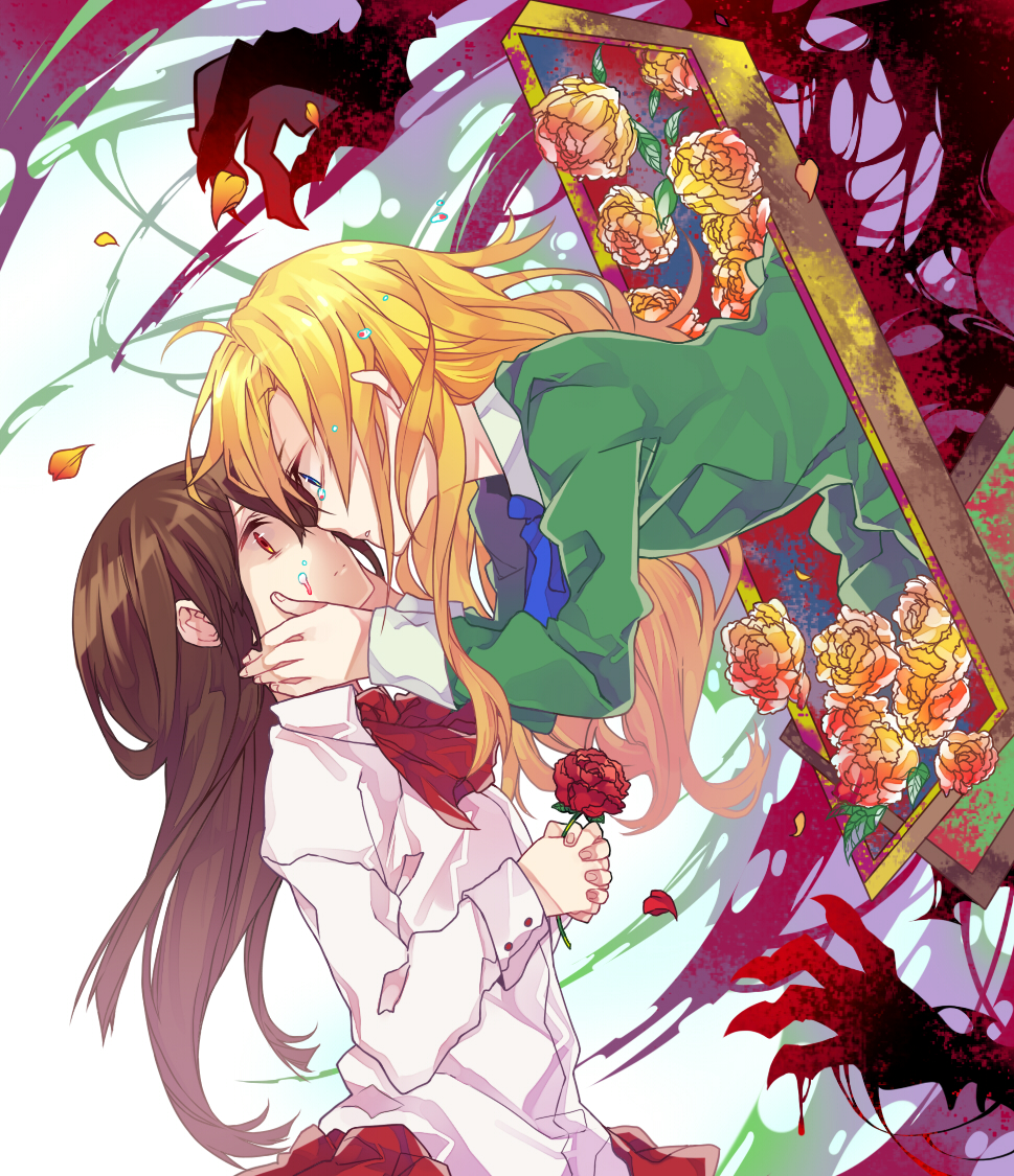 2girls blonde_hair brown_hair claws curryuku face-to-face flower hands_on_another's_cheeks hands_on_another's_face ib ib_(ib) long_hair mary_(ib) multiple_girls painting_(object) red_rose rose shadow tears yellow_rose yuri