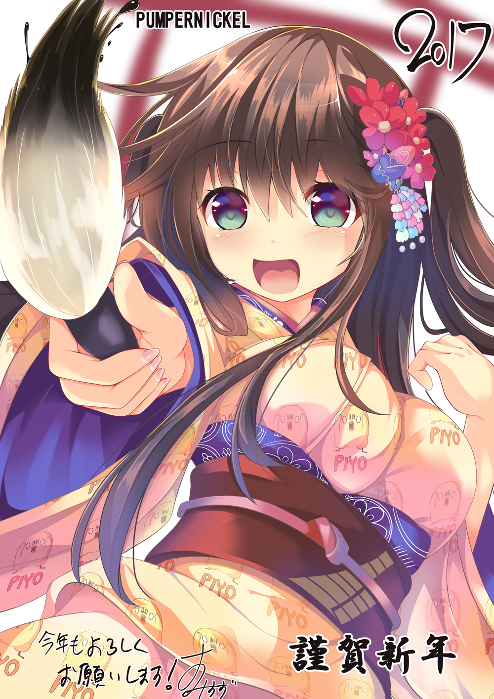1girl :d animal_print artist_name bird blurry blush breasts brown_hair chick cleavage commentary depth_of_field floating_hair flower green_eyes hair_flower hair_ornament happy_new_year highres holding_brush impossible_clothes japanese_clothes kimono large_breasts long_hair nengajou new_year obi open_mouth original pointing pointing_at_viewer red_flower sash signature smile solo sumisuzu torii translated two_side_up yellow_kimono