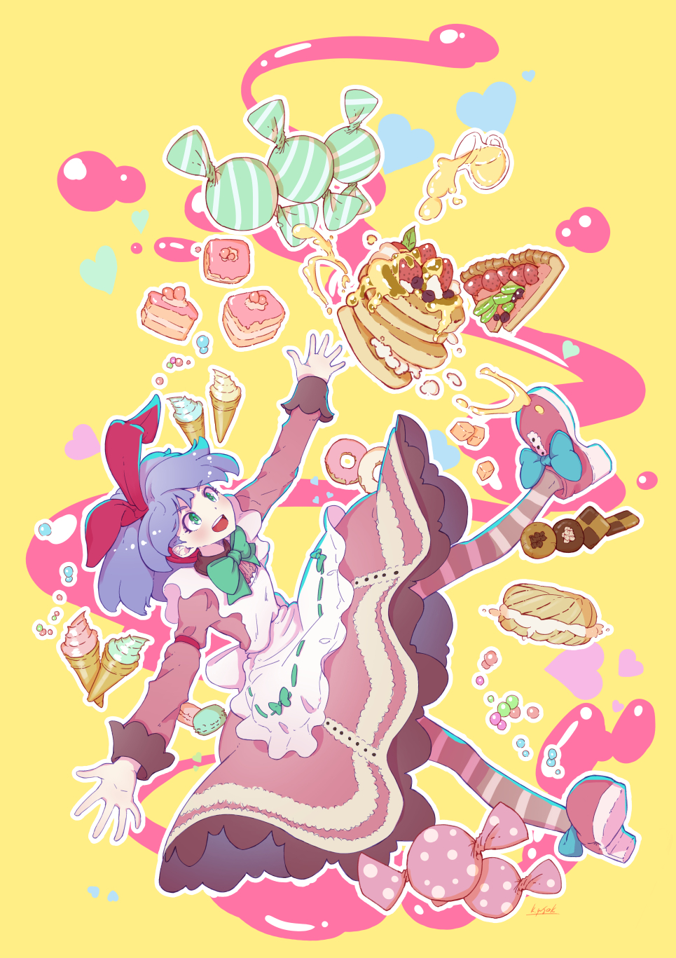 1girl apron artist_name blue_bow blue_hair blueberry bow bowtie brown_legwear cake candy checkerboard_cookie cookie doughnut food frilled_apron frills fruit green_bow green_bowtie green_eyes green_ribbon heart highres ice_cream ice_cream_cone ice_cream_sandwich kagawa_yuusaku legs_apart long_sleeves looking_up macaron maid original outstretched_arms pancake pink_shoes pitcher ribbon shoes shortcake signature strawberry striped striped_legwear sweets syrup whipped_cream yellow_background