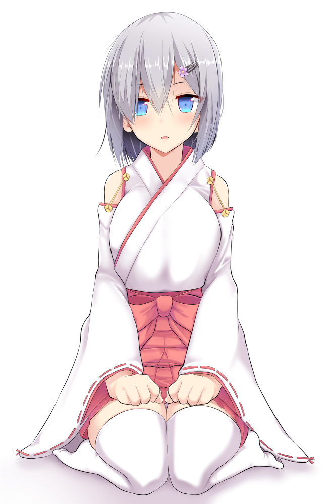 1girl alternate_costume bare_shoulders blue_eyes breasts detached_sleeves hair_between_eyes hair_ornament hair_over_one_eye hairclip hamakaze_(kantai_collection) japanese_clothes kantai_collection long_sleeves looking_at_viewer medium_breasts miko parted_lips ribbon-trimmed_sleeves ribbon_trim sash silver_hair simple_background sitting solo takeyuu thigh-highs wariza white_background white_legwear wide_sleeves