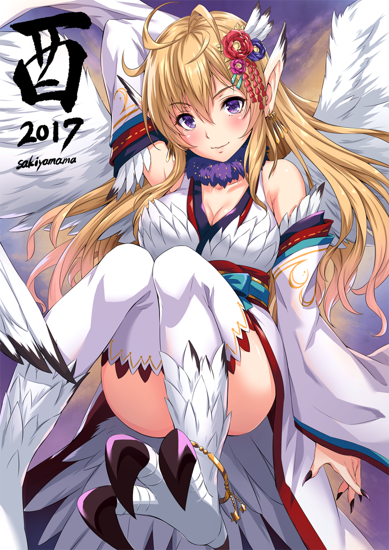 2017 ahoge anklet artist_name ass bare_shoulders bird black_nails blonde_hair blush chicken detached_sleeves earrings eyebrows_visible_through_hair feather_dress feathers fingernails hair_between_eyes hair_ornament hairclip japanese_clothes jewelry kimono leg_lift lips long_hair looking_at_viewer monster_girl nail_polish original personification purple_hair rooster sakiyamama smile solo talons wide_sleeves wing_ears year_of_the_rooster