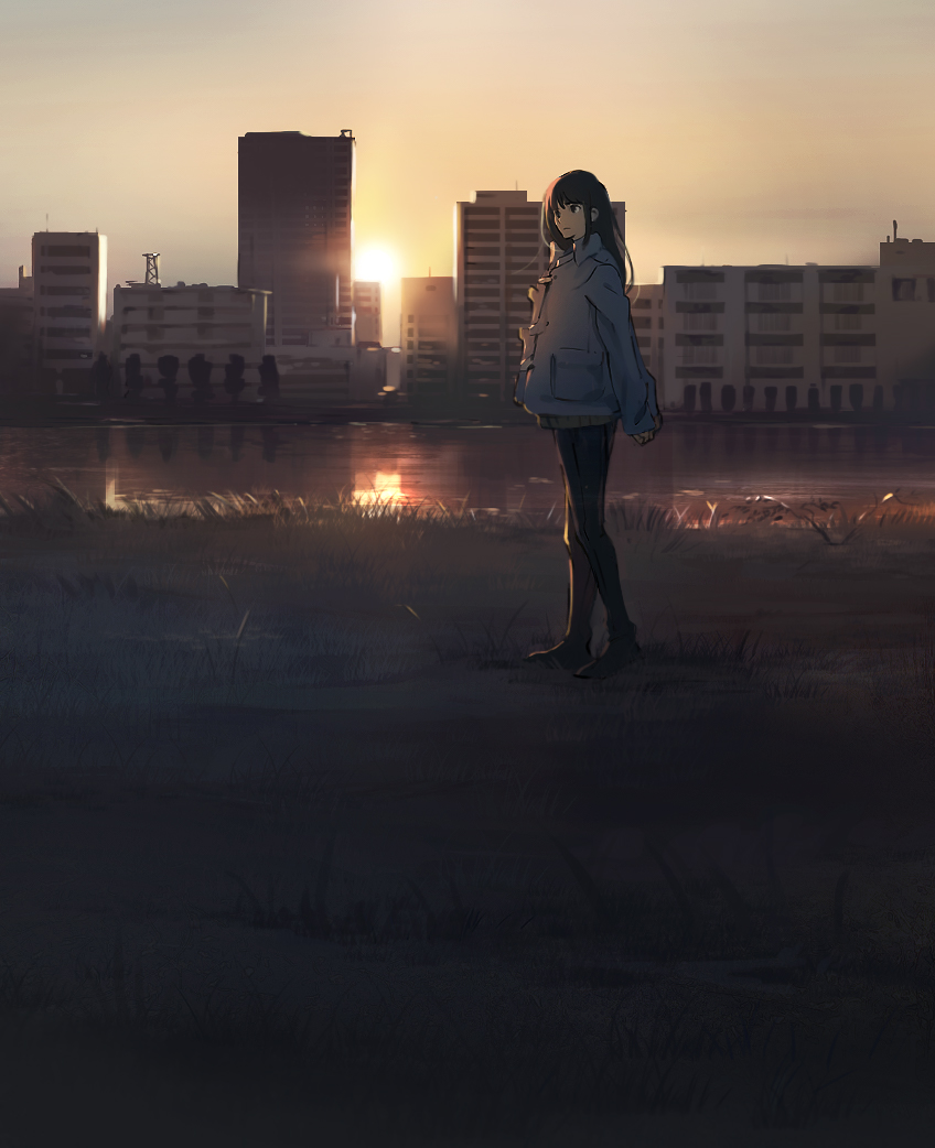 1girl black_pants brown_eyes brown_hair building casual city closed_mouth coat commentary_request evening from_side full_body grass hanno long_hair long_sleeves looking_afar original pants plant pocket reflection river riverbank scenery sky sleeves_past_wrists solo standing sun sunlight sunset water white_coat winter_clothes winter_coat