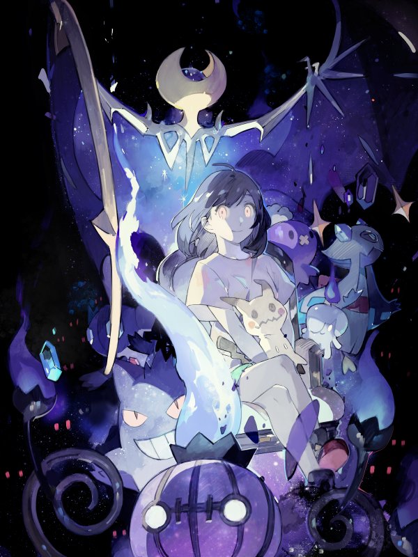 1girl black_hair chandelure drifloon female_protagonist_(pokemon_sm) fire froslass gengar litwick lunaala mimikyu no_hat no_headwear pokemon pokemon_(game) pokemon_sm sableye starshadowmagician yellow_eyes