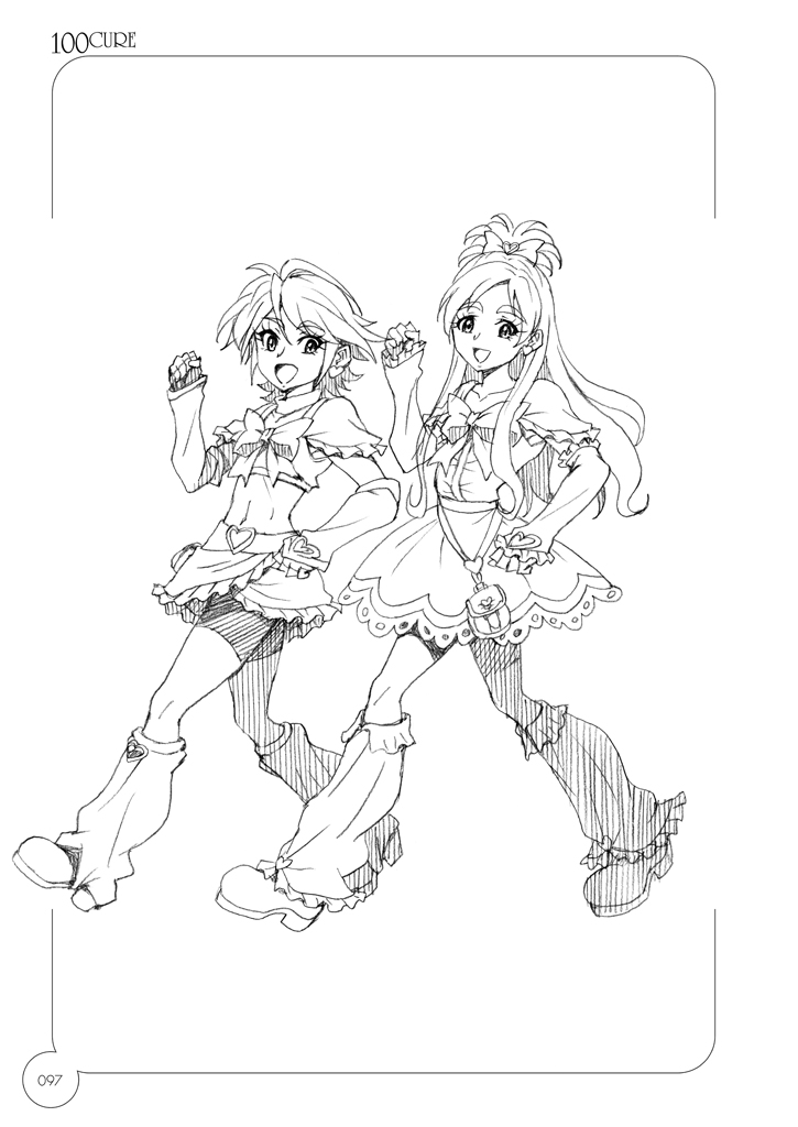 2girls :d arm_warmers belt boots cure_black cure_white detached_sleeves dress earrings eunos eyelashes fingerless_gloves frilled_dress frilled_skirt frilled_sleeves frills futari_wa_precure gloves hair_ornament hair_ribbon half_updo happy heart heart_earrings jewelry kneehighs leg_warmers long_hair looking_at_viewer magical_girl midriff miniskirt misumi_nagisa multiple_girls navel open_mouth precure ribbon shirt short_hair shorts shorts_under_skirt sketch skirt smile walking white_background yukishiro_honoka