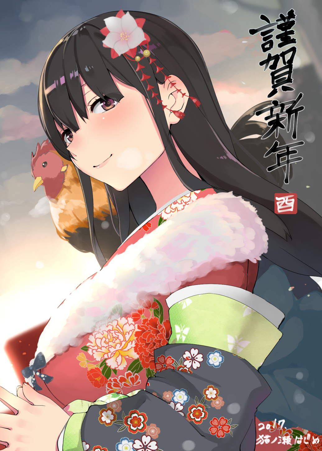 1girl 2017 artist_name bangs bird black_hair black_ribbon blurry blush breasts breath chicken closed depth_of_field dutch_angle floating_hair floral_print flower from_side fur_collar hair_between_eyes hair_flower hair_ornament hands_together happy_new_year highres japanese_clothes kimono large_breasts light_smile long_hair looking_at_viewer new_year nuko_(mikupantu) on_shoulder original red_kimono ribbon rooster signature smile solo translated upper_body white_flower year_of_the_rooster