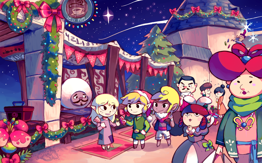 aquanut blonde_hair christmas christmas_ornaments christmas_tree dark_skin decorations hat link maggie_(wind_waker) mila_(wind_waker) night pointy_ears rupees santa_hat sky star_(sky) starry_sky tetra the_legend_of_zelda the_legend_of_zelda:_the_wind_waker toon_link