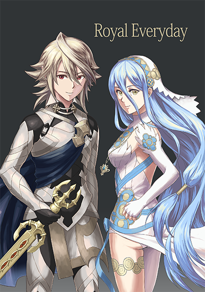 1boy 1girl aqua_(fire_emblem_if) blue_hair cousins english fire_emblem fire_emblem_if holding holding_weapon long_hair looking_at_viewer male_my_unit_(fire_emblem_if) my_unit_(fire_emblem_if) red_eyes smile staff sword weapon white_hair yellow_eyes