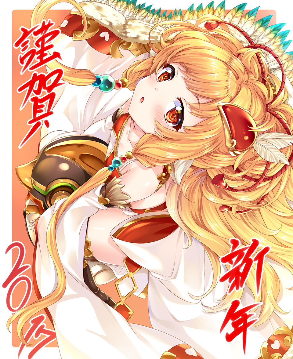 1girl 2017 :o bare_shoulders beads bird blonde_hair blush collarbone detached_sleeves diamond_(shape) feathers flat_chest from_above granblue_fantasy hair_beads hair_feathers hair_ornament happy_new_year harbin hinata_sora long_hair looking_at_viewer mahira_(granblue_fantasy) new_year red_eyes riding sidelocks solo spaghetti_strap tassel translated