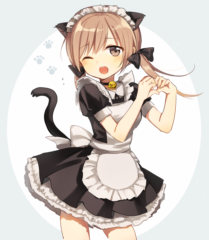 1girl animal_ears apron bell bell_choker black_ribbon bow boyano cat_ears cat_girl cat_tail choker cowboy_shot frilled_apron frills hair_ribbon heart heart_hands jingle_bell maid maid_headdress original paw_print puffy_short_sleeves puffy_sleeves ribbon short_sleeves solo tail twintails white_bow