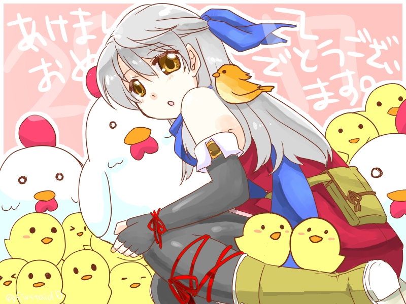 1girl animal animal_on_shoulder bare_shoulders bird bird_on_shoulder black_gloves black_legwear blue_scarf boots chibi chicken chinese_new_year dress elbow_gloves fingerless_gloves fire_emblem fire_emblem:_akatsuki_no_megami from_side gloves hair_ribbon half_updo hen kneeling long_hair looking_at_viewer looking_to_the_side micaiah new_year open_mouth pantyhose ribbon rooster scarf side_slit silver_hair sleeveless sleeveless_dress solo translated yellow_eyes yukia_(firstaid0) yune