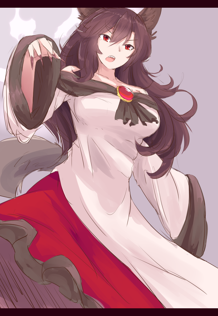 &gt;:o 1girl :o animal_ears bare_shoulders black_hair breasts brooch brown_nails cowboy_shot dress fingernails hair_between_eyes imaizumi_kagerou jewelry large_breasts letterboxed long_sleeves looking_at_viewer off-shoulder_dress off_shoulder open_mouth red_eyes sharp_fingernails slit_pupils solo tail touhou uchisukui wide_sleeves wolf_ears wolf_tail
