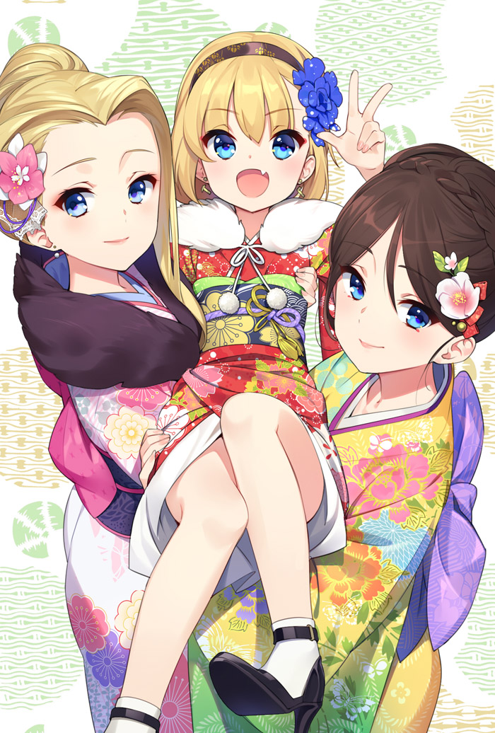 3girls alternate_hairstyle bangs black_hair black_hairband black_shoes blonde_hair blue_eyes bow braid carrying clara_(girls_und_panzer) commentary crown_braid dress earrings floral_print flower girls_und_panzer hair_flower hair_ornament hair_up hairband high_heels japanese_clothes jewelry katyusha kimono large_bow light_smile long_hair looking_at_viewer multicolored_dress multiple_girls nengajou new_year nonna open_mouth pink_dress print_dress red_dress shoes short_hair smile socks ssberit standing w white_legwear yellow_dress