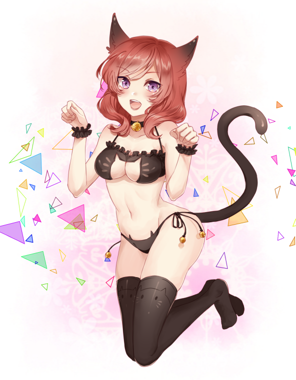 1girl :d animal_ears bell bell_choker black_bra black_legwear black_panties bra breasts cat_band_legwear cat_cutout cat_ear_panties cat_ears cat_lingerie cat_tail choker cleavage_cutout frilled_bra frills full_body jingle_bell jumping looking_at_viewer love_live! love_live!_school_idol_project medium_breasts nishikino_maki open_mouth panties paw_pose redhead scrunchie short_hair side-tie_panties smile solo tail ten-chan_(eternal_s) underwear underwear_only violet_eyes wrist_scrunchie