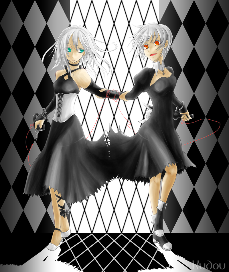 2girls artist_name blue_eyes chains closed_mouth copyright_request dress hand_holding kudou_(wil0830s) long_hair medium_hair multicolored_dress multiple_girls open_mouth orange_eyes red_string shadow string text white_hair