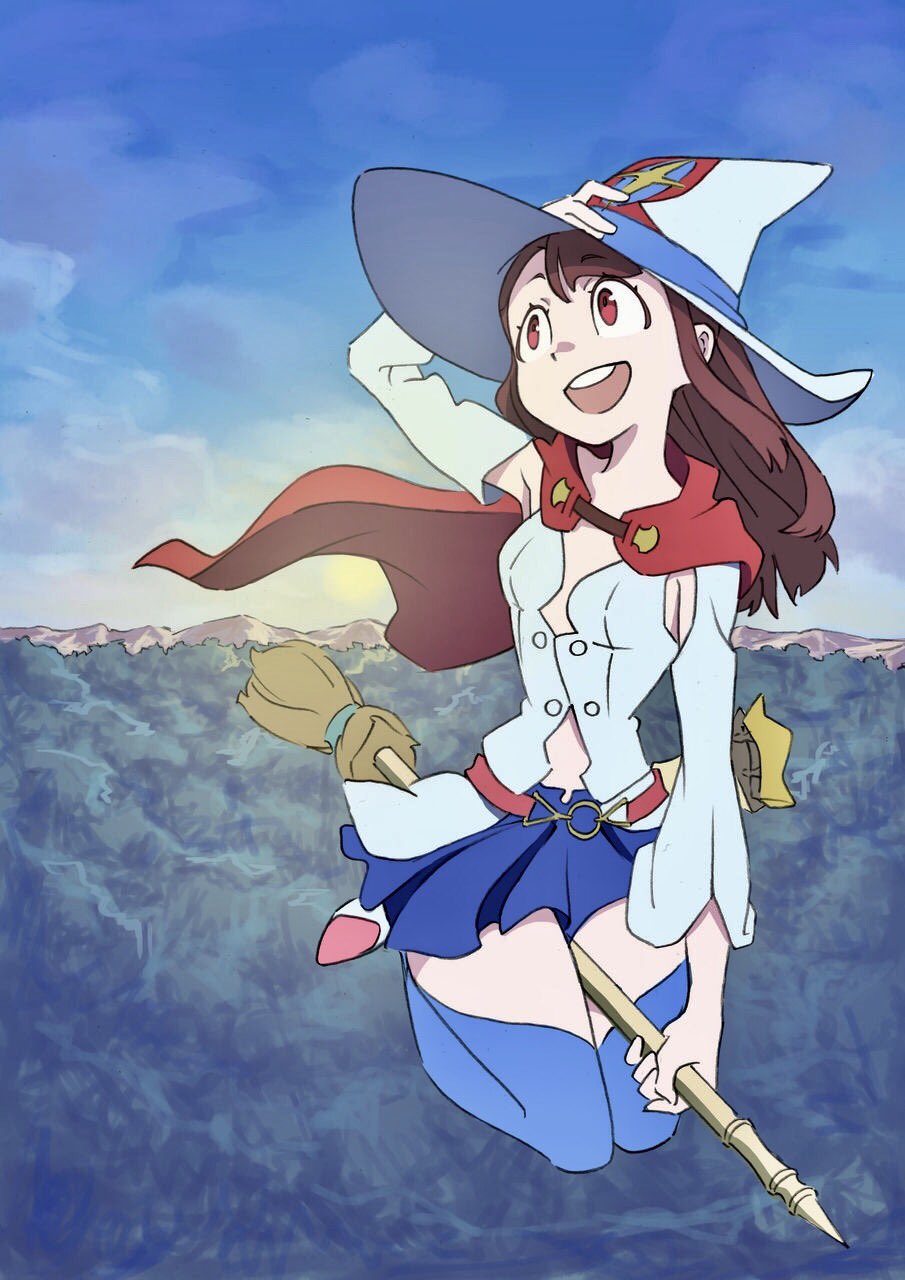 1girl akko_kagari arai_hiroki broom broom_riding brown_hair cape cosplay flying hat highres little_witch_academia long_hair pleated_skirt shiny_chariot shiny_chariot_(cosplay) skirt smile solo thigh-highs witch witch_hat