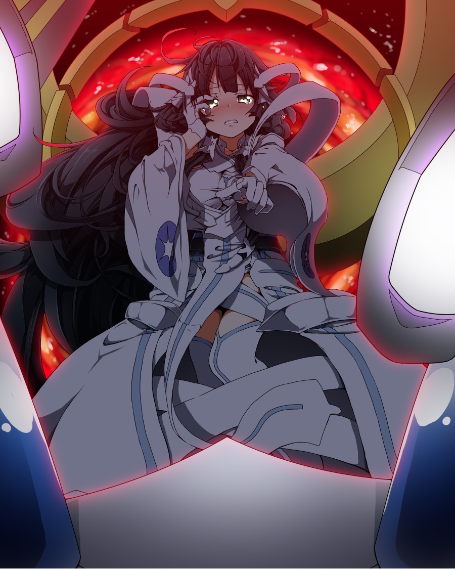 1girl black_hair blush breasts clenched_teeth collarbone detached_sleeves eyebrows_visible_through_hair fire gloves green_eyes hand_on_own_face head_tilt kigiri long_hair long_sleeves looking_at_viewer magical_girl mankai medium_breasts nose_blush reaching_out solo teeth thigh-highs tougou_mimori very_long_hair white_gloves wide_sleeves yuuki_yuuna_wa_yuusha_de_aru yuusha_de_aru