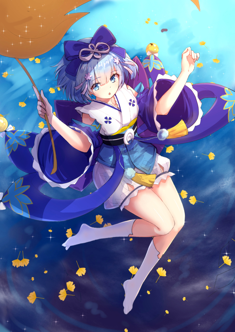 1girl blue_eyes blue_hair blue_ribbon byakuya_reki commentary_request detached_sleeves eyebrows_visible_through_hair frilled_sleeves frills ginkgo hair_between_eyes hair_ornament hair_ribbon holding_leaf japanese_clothes kneehighs leaf looking_at_viewer matching_hair/eyes no_shoes onmyoji open_mouth revision ribbon short_hair solo thighs white_legwear wide_sleeves ying_grass