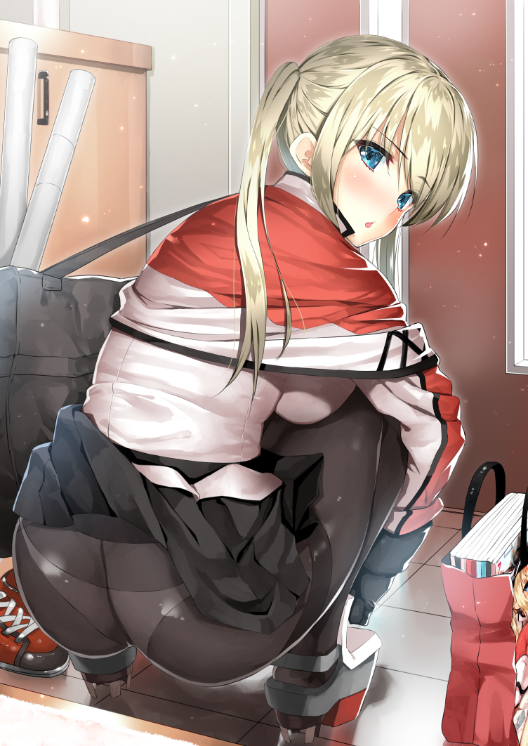 1girl ass bag bent_knees black_legwear blonde_hair blue_eyes blush body_mahattaya_ginga book breast_press breasts capelet celtic_knot chestnut_mouth door eyebrows_visible_through_hair from_behind graf_zeppelin_(kantai_collection) hair_between_eyes impossible_clothes indoors iron_cross kantai_collection large_breasts looking_at_viewer miniskirt panties panties_under_pantyhose pantyhose pleated_skirt sidelocks skirt skirt_lift skirt_set squatting tile_floor tiles tsurime twintails underwear