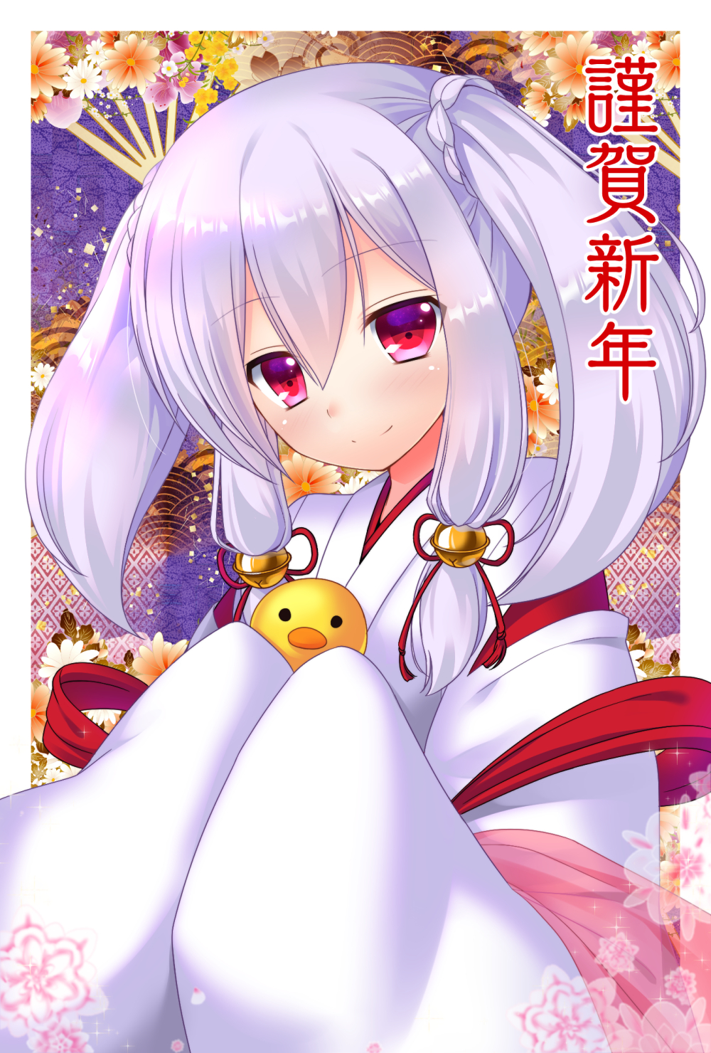 1girl bangs bell bird blush chick closed_mouth commentary_request eyebrows_visible_through_hair floral_background flower hair_bell hair_between_eyes hair_ornament hair_ribbon head_tilt highres holding japanese_clothes kimono long_hair looking_at_viewer miko muraji0419 new_year original red_eyes red_ribbon ribbon see-through shawl shiny shiny_hair sidelocks silver_hair sleeves_past_wrists smile solo sparkle tassel translated tress_ribbon twintails upper_body wide_sleeves year_of_the_rooster