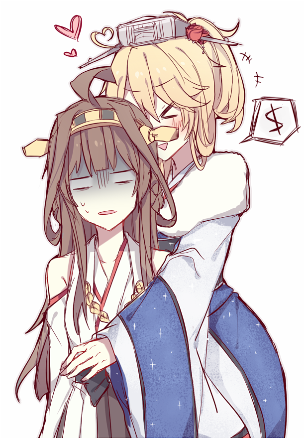 &gt;_&lt; 2girls :d ahoge bare_shoulders blonde_hair brown_hair closed_eyes commentary furisode hairband hat heart heart_ahoge height_difference hug hug_from_behind iowa_(kantai_collection) japanese_clothes kantai_collection kimono kongou_(kantai_collection) kvlen multiple_girls nontraditional_miko open_mouth ponytail sketch skirt smile turn_pale wide_sleeves xd yuri