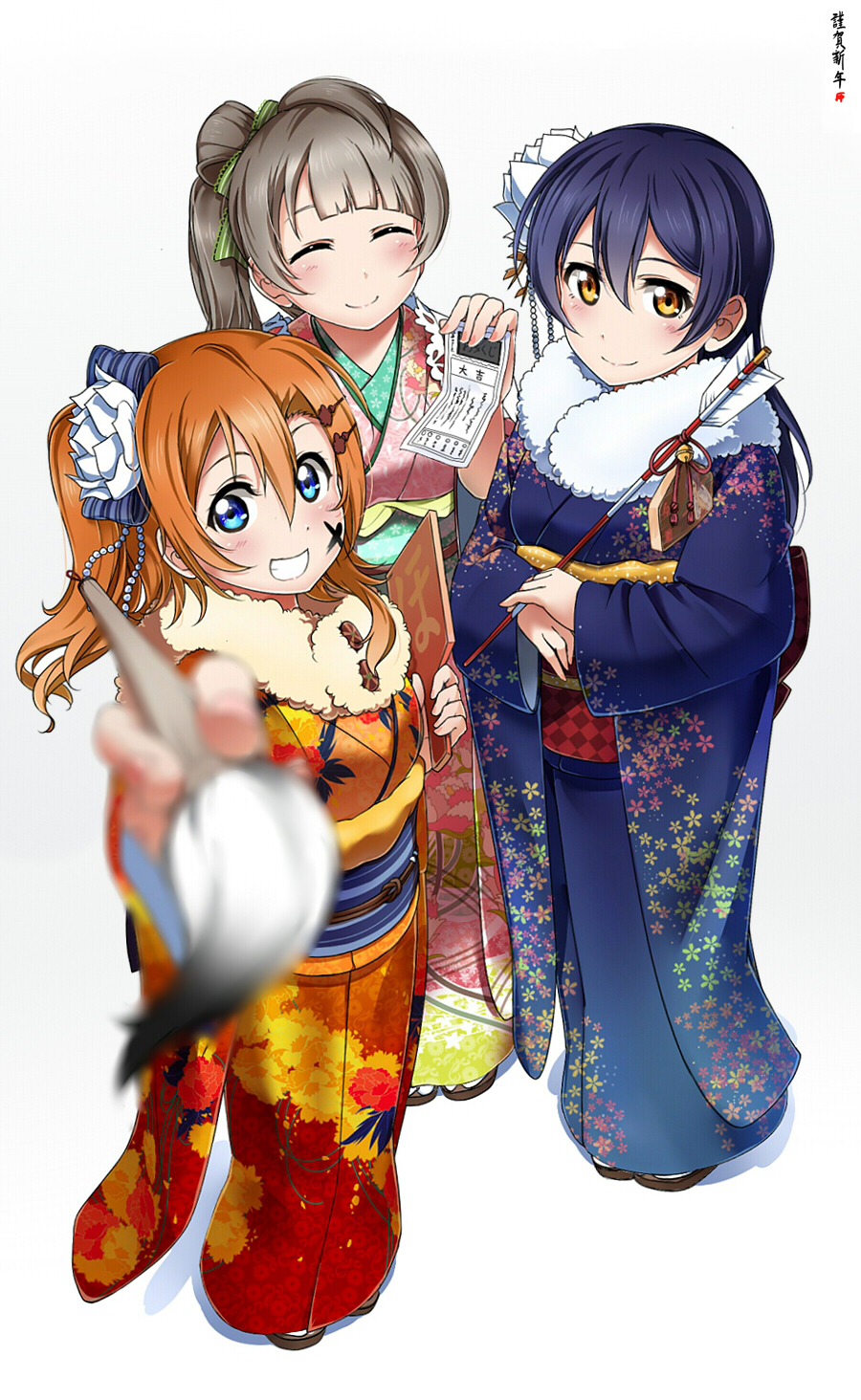 3girls calligraphy_brush commentary_request face_painting hair_ornament hanetsuki highres japanese_clothes kimono kousaka_honoka looking_at_viewer love_live! love_live!_school_idol_project minami_kotori multiple_girls nengajou new_year outstretched_arm paintbrush sash shiimai simple_background sonoda_umi white_background