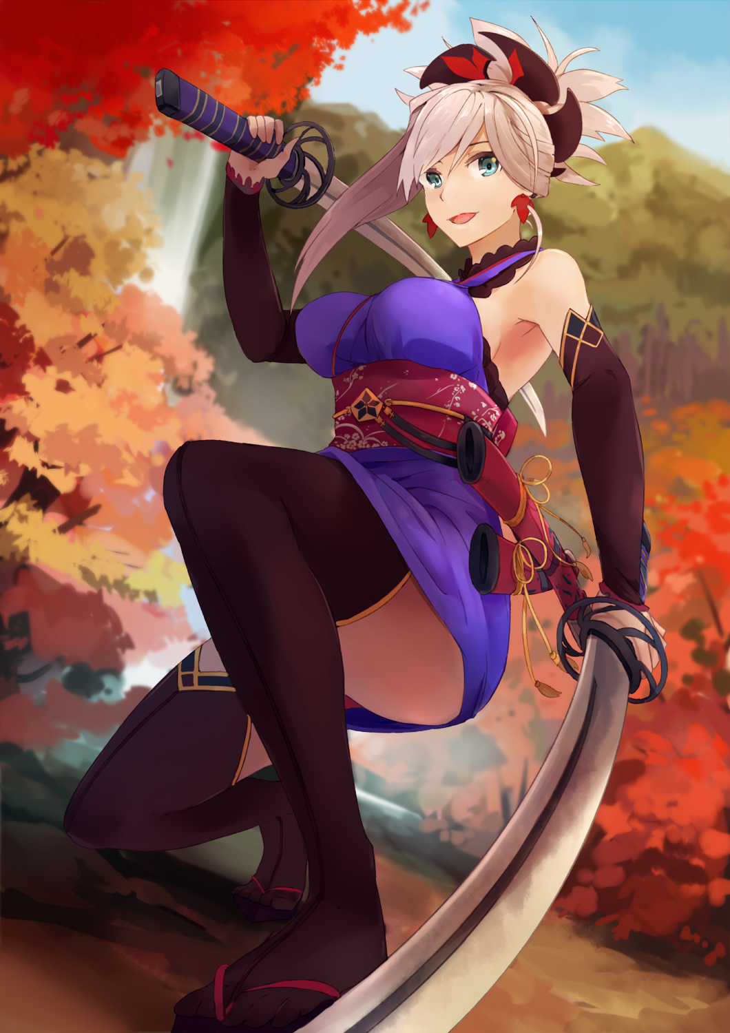 1girl blue_eyes dual_wielding fate/grand_order fate_(series) folded_ponytail foreshortening geta habaki highres holding hsin japanese_clothes katana kimono leaf legs maple_leaf medium_breasts miyamoto_musashi_(fate) obi obidome obijime sageo sash saya_(scabbard) solo sword thigh-highs thighs tsuba_(guard) tsuka_(handle) weapon zettai_ryouiki