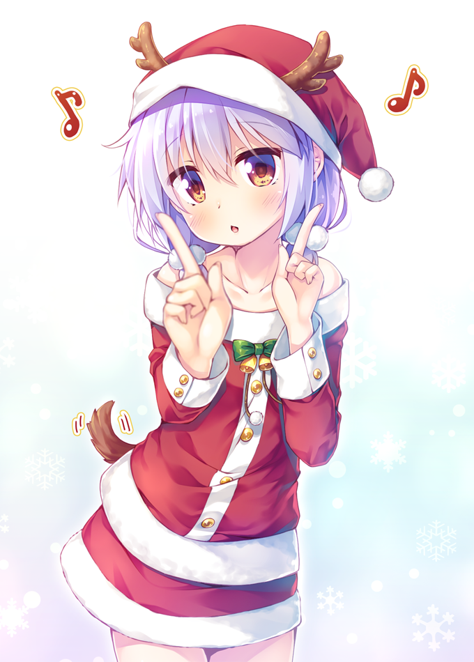 1girl bare_shoulders bell blurry collarbone commentary_request cowboy_shot depth_of_field hat head_tilt index_finger_raised koi_dance lavender_hair looking_at_viewer low_twintails masaki_kei miniskirt musical_note open_mouth original santa_costume santa_hat short_hair skirt snowflakes solo tail_wagging twintails yellow_eyes