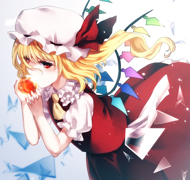1girl apple asada_ryou ascot blonde_hair broken_glass crystal eating flandre_scarlet food frilled_shirt_collar frills from_side fruit glass hat hat_ribbon looking_at_viewer looking_to_the_side mob_cap puffy_short_sleeves puffy_sleeves red_eyes red_ribbon red_skirt red_vest ribbon short_sleeves side_ponytail skirt skirt_set solo touhou vest wings