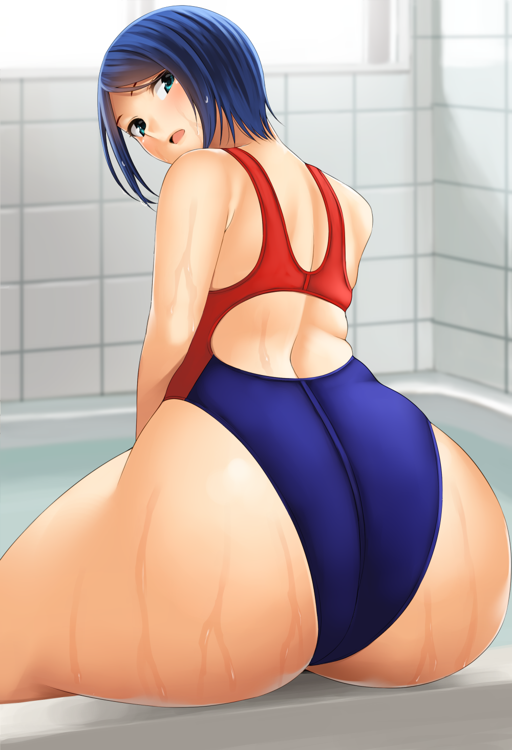 1girl aqua_eyes ass blue_hair competition_swimsuit highres huge_ass kanon_(ayaka666) looking_at_viewer looking_back one-piece_swimsuit original parted_lips short_hair solo swimsuit thick_thighs thighs wet