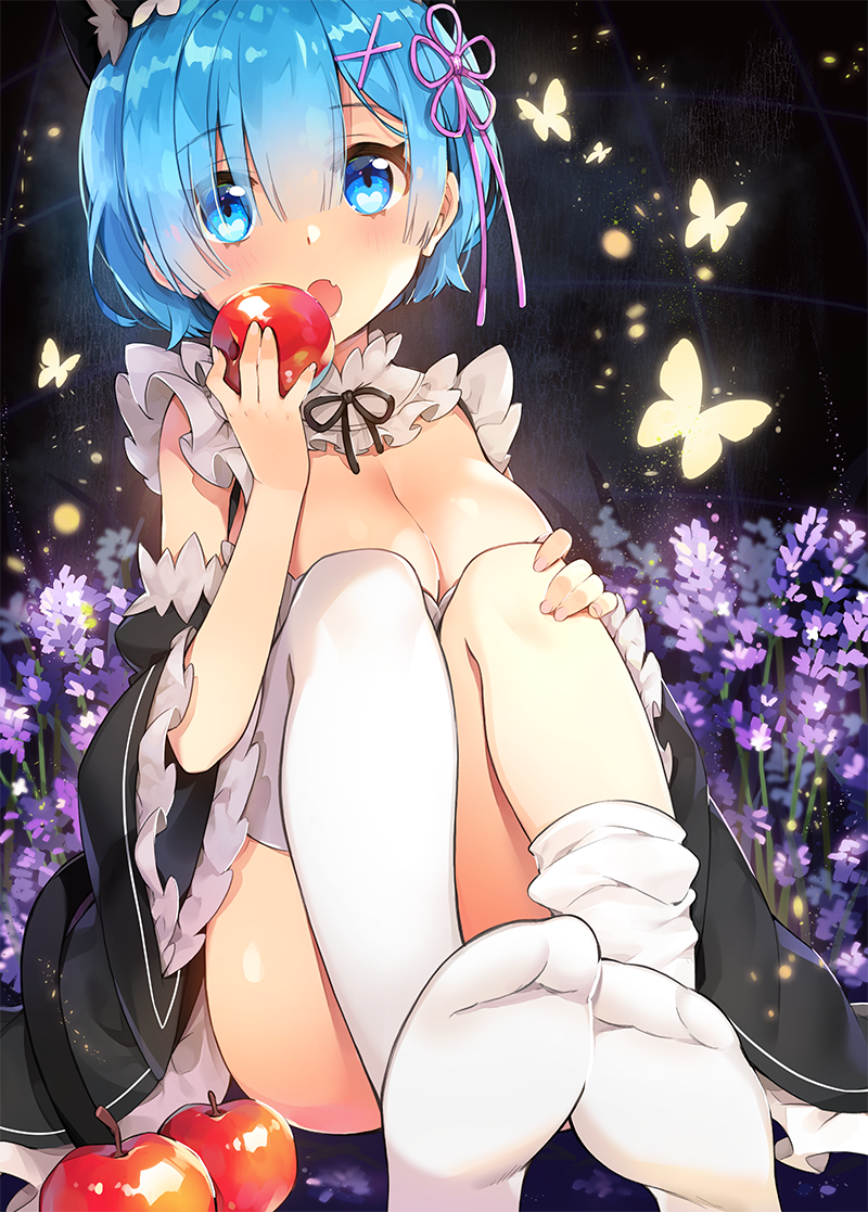 1girl animal_ears apple ayami_(annahibi) blue_eyes blue_hair blush breasts butterfly cat_ears cleavage commentary_request detached_sleeves eyebrows_visible_through_hair eyes_visible_through_hair fang feet food frilled_sleeves frills fruit hair_ornament hair_over_one_eye hand_on_own_knee holding holding_food holding_fruit large_breasts legs_together looking_at_viewer maid matching_hair/eyes no_shoes open_mouth purple_flower re:zero_kara_hajimeru_isekai_seikatsu rem_(re:zero) revision short_hair sitting soles solo thigh-highs white_legwear wide_sleeves x_hair_ornament