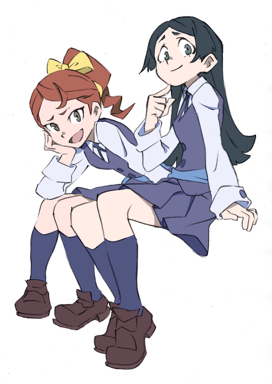 2girls arai_hiroki barbara_(little_witch_academia) black_hair bow brown_hair chin_rest dress grey_eyes hair_bow hanna_(little_witch_academia) highres little_witch_academia loafers multiple_girls no_hat no_headwear open_mouth ponytail shoes sitting smile socks uniform white_background