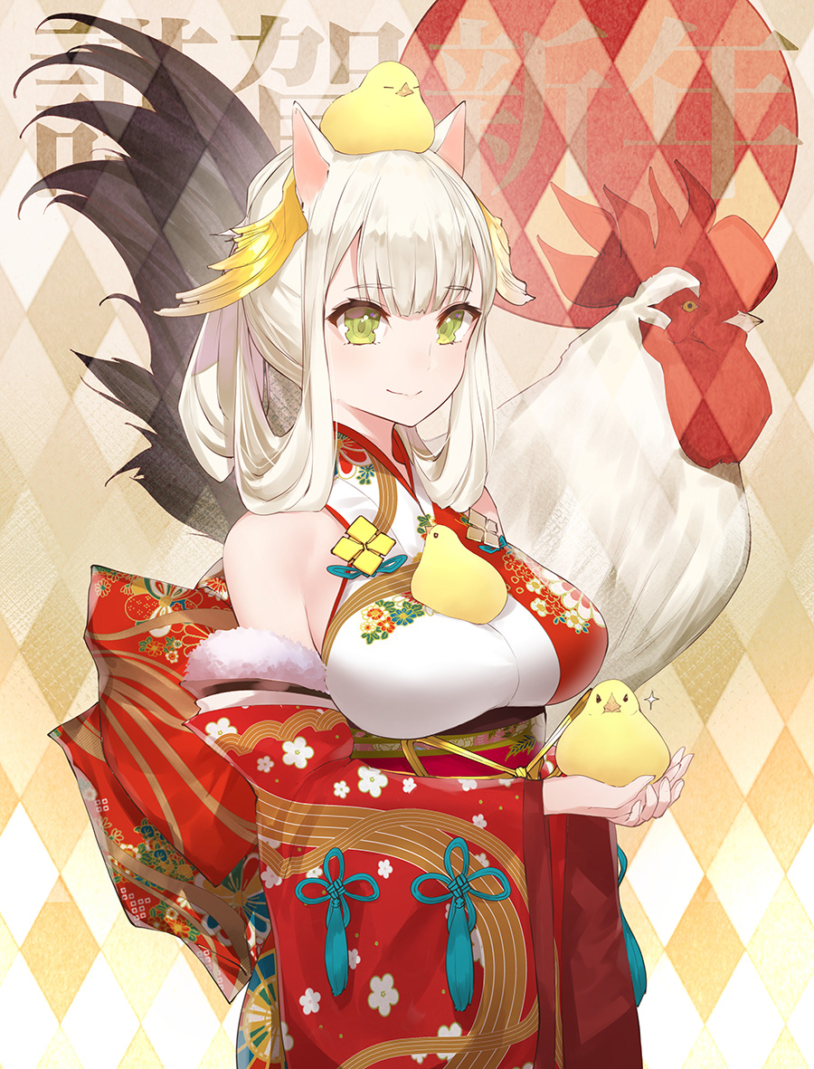 1girl animal animal_ears animal_on_head balancing bangs bare_shoulders bird bird_on_head blunt_bangs breasts brown_background cat_ears chick chicken closed_eyes closed_mouth detached_sleeves diamond_(shape) eyelashes floral_print frills green_eyes hair_ornament happy_new_year holding_animal japanese_clothes kimono looking_at_viewer medium_breasts new_year obi original own_hands_together ponytail print_kimono rooster sash sidelocks smile sparkle tassel translated upper_body white_hair wide_sleeves yaman_(yamanta_lov) year_of_the_rooster
