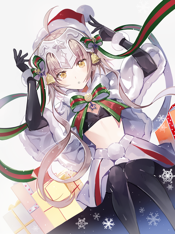 &gt;:o 1girl :o ahoge b_(21560675) bell black_gloves black_legwear blonde_hair bow box bustier capelet dutch_angle elbow_gloves fate/grand_order fate_(series) fur_trim gift gift_box gloves hair_bow hat headpiece jeanne_alter jeanne_alter_(santa_lily)_(fate) long_hair looking_at_viewer platinum_blonde ruler_(fate/apocrypha) santa_hat sitting skirt snowflakes solo thigh-highs yellow_eyes