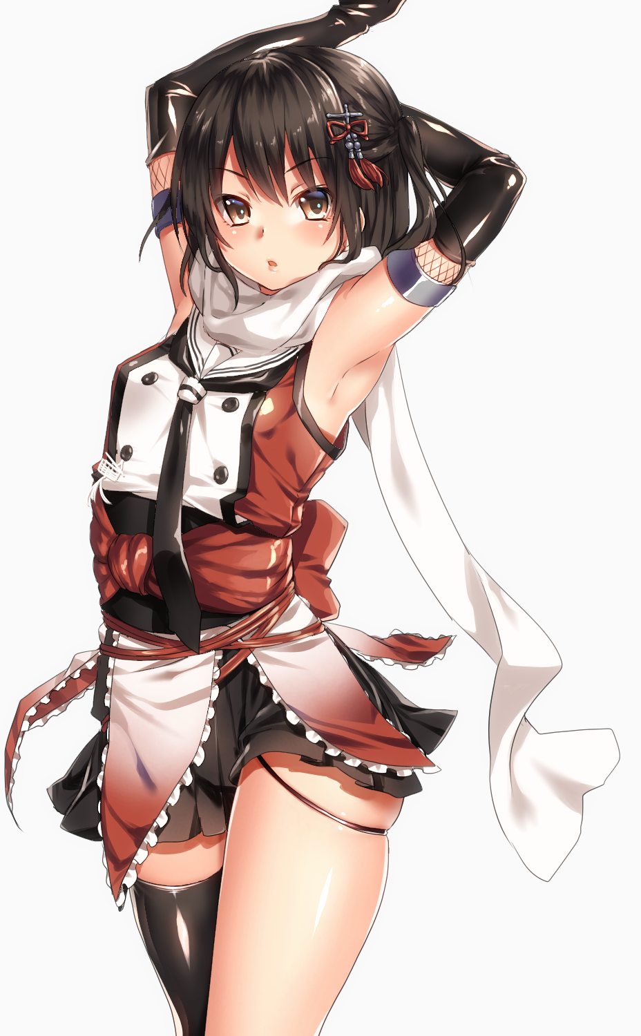 1girl armpits arms_up black_gloves black_hair brown_eyes elbow_gloves eyebrows_visible_through_hair gloves hair_ornament highres kantai_collection keita_(tundereyuina) looking_at_viewer neckerchief remodel_(kantai_collection) scarf sendai_(kantai_collection) shiny shiny_clothes simple_background single_thighhigh solo thigh-highs white_background white_scarf