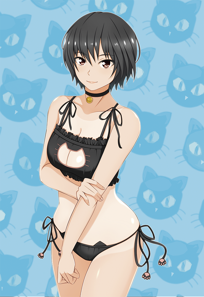 1girl amagami bell bell_collar bikini black_hair brown_eyes cleavage_cutout collar kishida-shiki looking_at_viewer nanasaki_ai patterned_background short_hair solo swimsuit