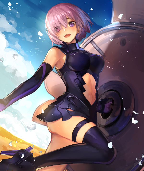 1girl :d boots breasts elbow_gloves eyes_visible_through_hair fate/grand_order fate_(series) gloves hair_over_one_eye high_heel_boots high_heels large_breasts navel navel_cutout open_mouth purple_gloves purple_hair purple_legwear ragu00 shield shielder_(fate/grand_order) short_hair skin_tight smile solo thigh-highs thigh_boots thigh_strap violet_eyes
