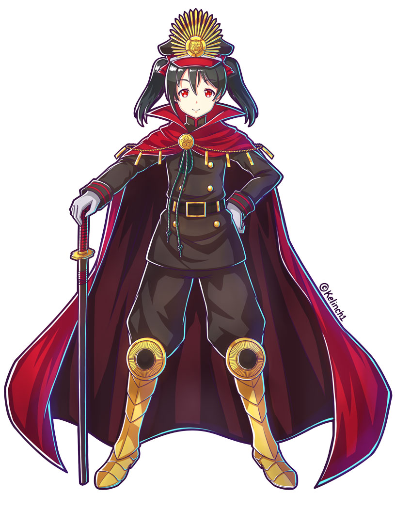 1girl belt black_hair cape cosplay demon_archer demon_archer_(cosplay) fate/grand_order fate_(series) full_body hand_on_hip hat japanese_clothes kelinch1 long_hair looking_at_viewer love_live! love_live!_school_idol_project military military_uniform peaked_cap red_eyes sheath sheathed smile solo sword twitter_username uniform weapon white_background yazawa_nico