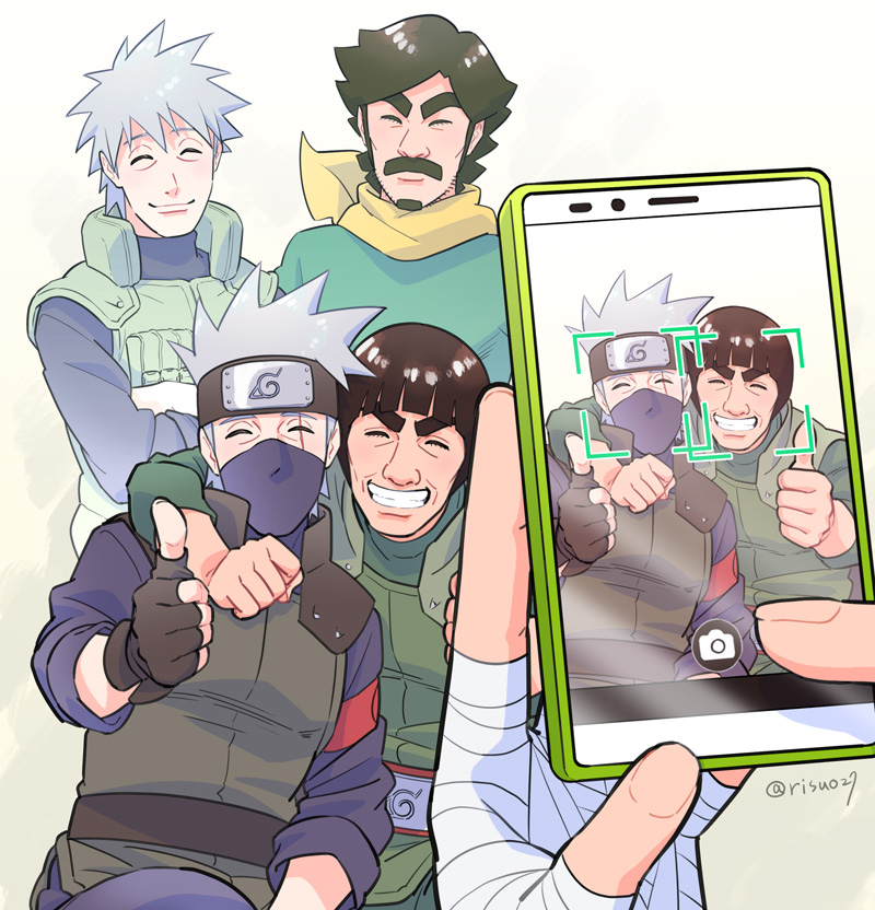 4boys beard black_hair cellphone closed_eyes facial_hair father_and_son fingerless_gloves ghost gloves grin hatake_kakashi hatake_sakumo mask might_duy might_guy multiple_boys mustache naruto phone risuo silver_hair smartphone smile thumbs_up