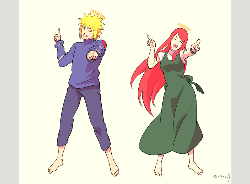 1boy 1girl barefoot blonde_hair blue_eyes closed_eyes dancing family halo husband_and_wife index_finger_raised koi_dance long_hair namikaze_minato naruto one_eye_closed pointing redhead risuo smile uzumaki_kushina