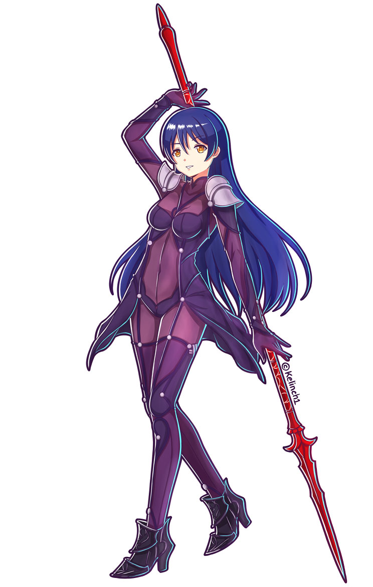 1girl blue_hair bodysuit cosplay covered_navel fate/grand_order fate_(series) full_body high_heels kelinch1 long_hair looking_at_viewer love_live! love_live!_school_idol_project orange_eyes parted_lips polearm purple_bodysuit scathach_(fate/grand_order) scathach_(fate/grand_order)_(cosplay) shoulder_pads smile solo sonoda_umi standing twitter_username weapon