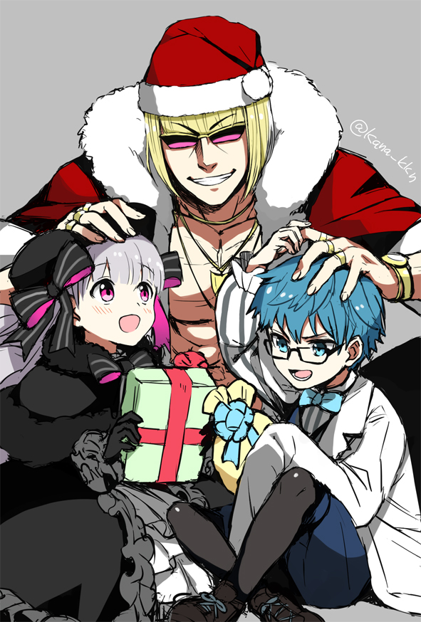 1boy alternate_costume black-framed_eyewear blonde_hair blue_eyes blue_hair bow box character_request christmas fate/extra fate/grand_order fate_(series) gift gift_box hair_bow hands_on_another's_head hat jewelry kana labcoat legs_crossed looking_at_another nursery_rhyme_(fate/extra) open_mouth petting pink_eyes ring sakata_kintoki_(fate/grand_order) santa_costume santa_hat short_hair silver_hair sitting sleeves_past_wrists twitter_username